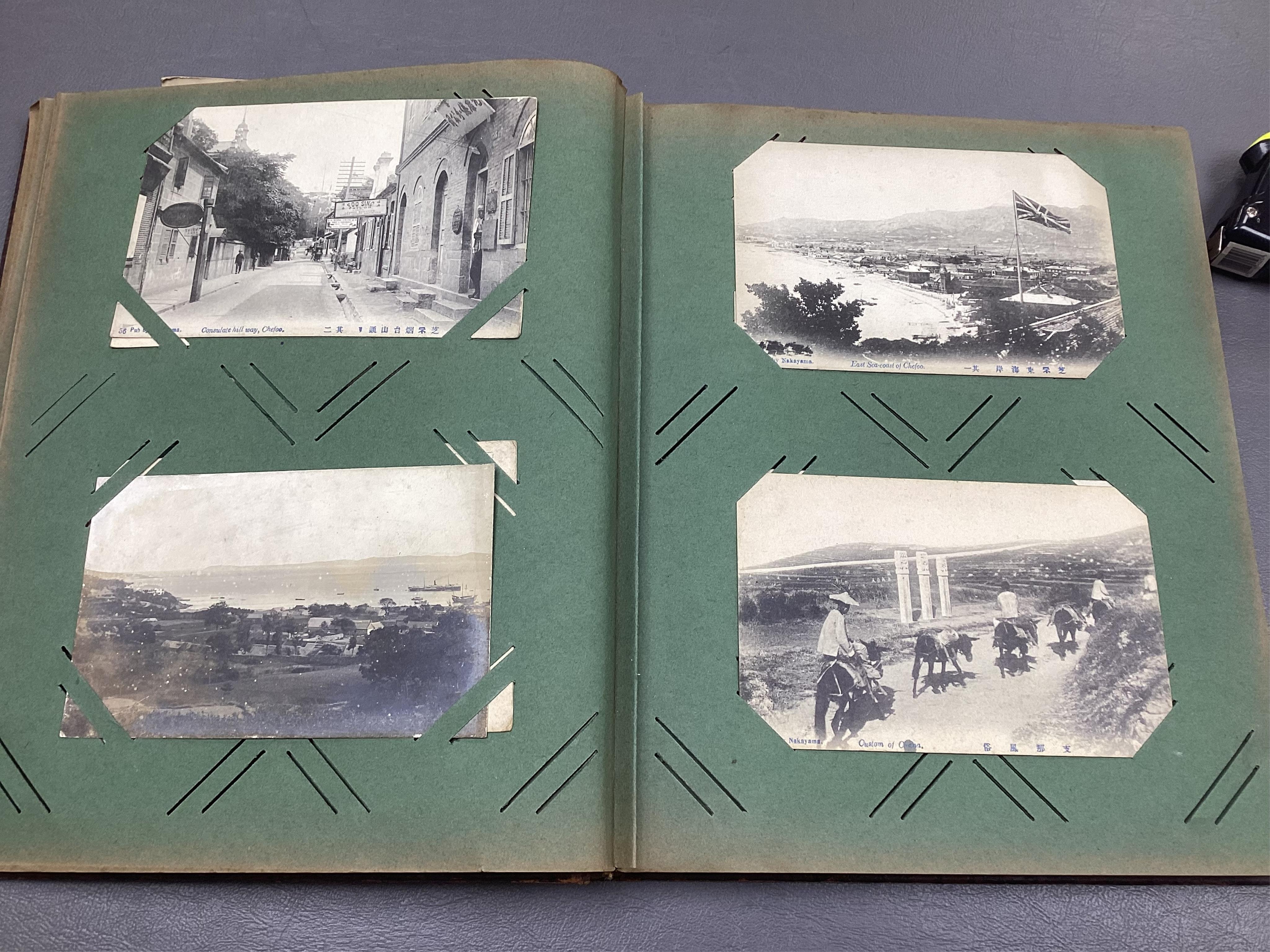 An early 20th century photograph and postcard album of Chinese and Japanese scenes, together with some negatives, etc.